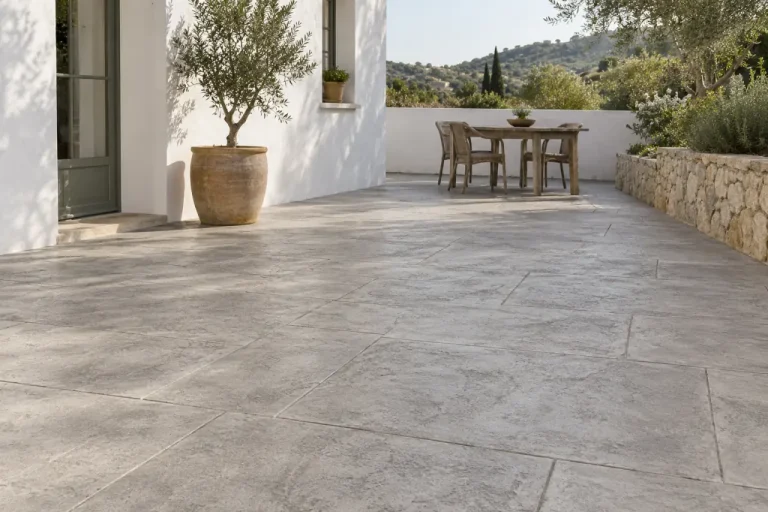 Patio de hormigón impreso en losas gris perla Patio de hormigón impreso gris perla junto a una fachada blanca y una maceta de olivo.