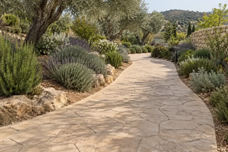 Camino de hormigón impreso de piedra beige en un jardín Camino de hormigón impreso beige de textura de piedra entre lavanda y olivos.