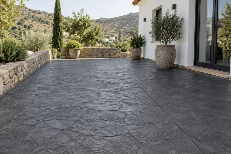 Terraza de hormigón impreso de textura de pizarra antracita Terraza de hormigón impreso oscuro con relieve de pizarra y macetas junto a una casa.