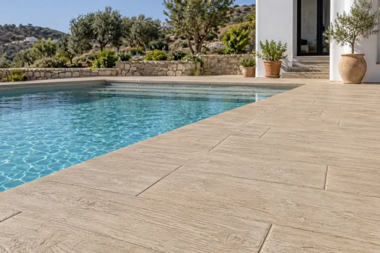 Hormigón impreso de textura de madera en arena clara junto a una piscina Playa de piscina con hormigón impreso de textura de madera en tono arena claro.