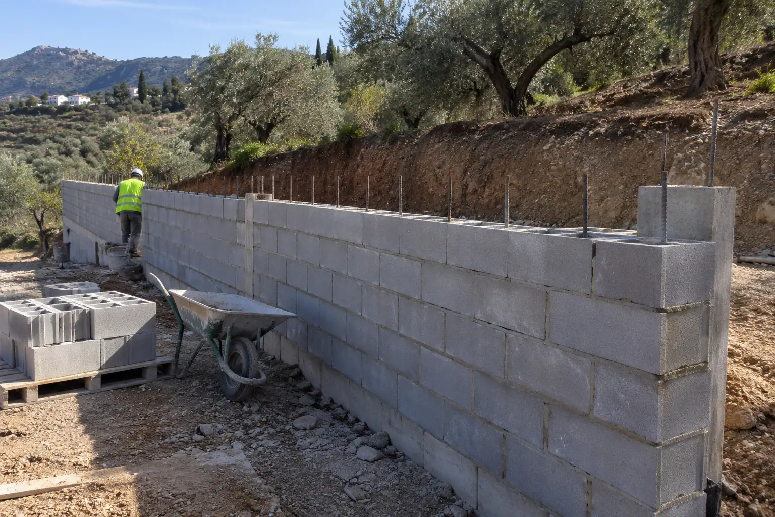 Muro de bloque de hormigón armado en construcción en una parcela de la Axarquía