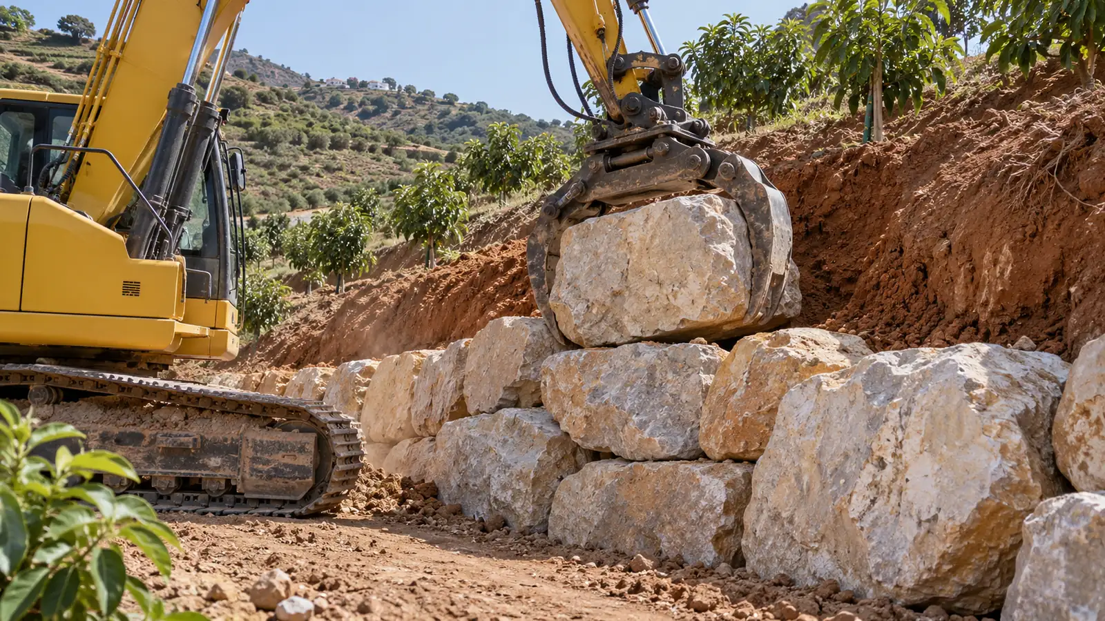 Placing escollera with an excavator on a slope in Algarrobo