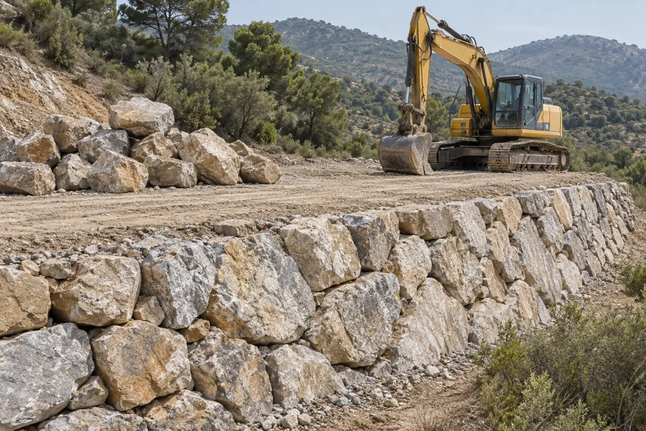 Excavadora y escollera en Benalmádena Excavadora junto a grandes bloques de piedra y una escollera en una ladera mediterránea.