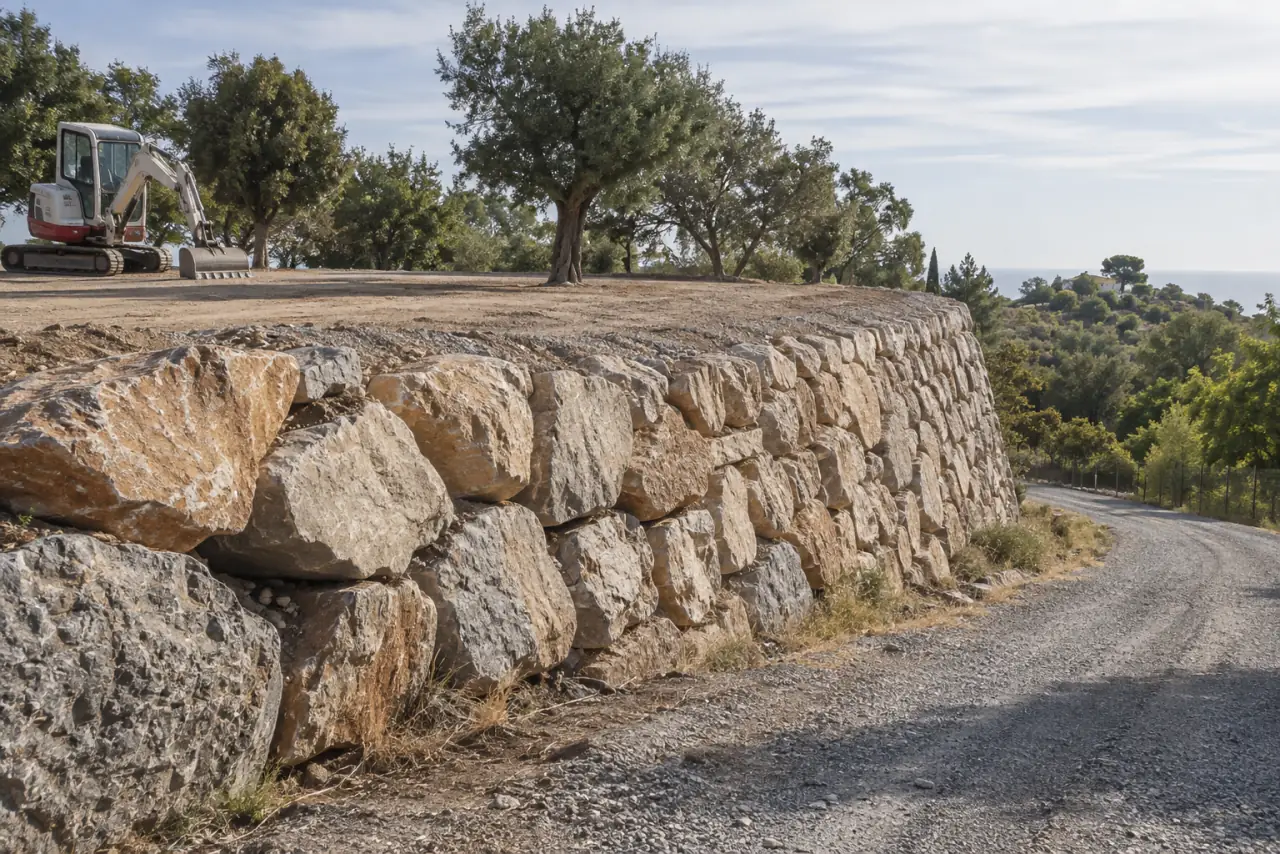 Muro de escollera terminado que contiene una parcela llana junto a un camino de grava, con algarrobos y matorral.