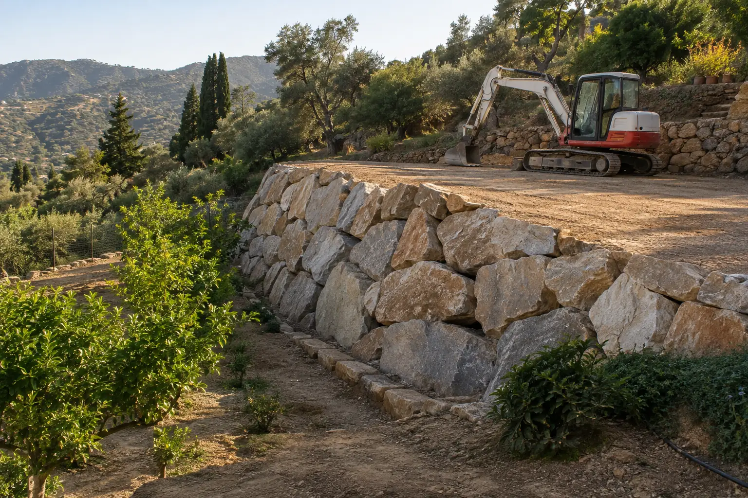 Muro de escollera en una finca con cultivos y terraza de tierra compactada, bloques grandes irregulares y vegetación mediterránea.