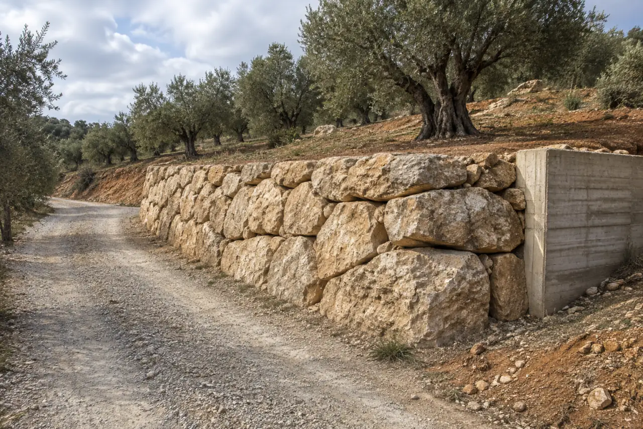 Muro de escollera y un tramo de hormigón junto a un acceso de finca.