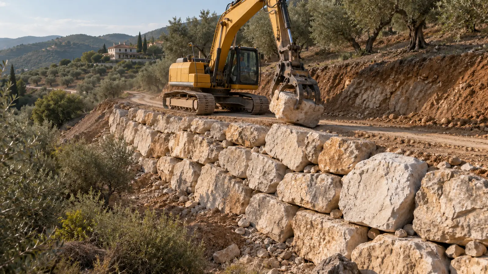 Backhoe placing escollera on a rural track in Colmenar