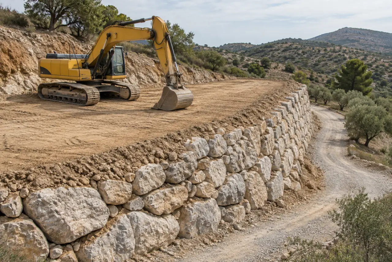 Excavadora sobre una terraza junto a un muro de escollera y un carril rural.