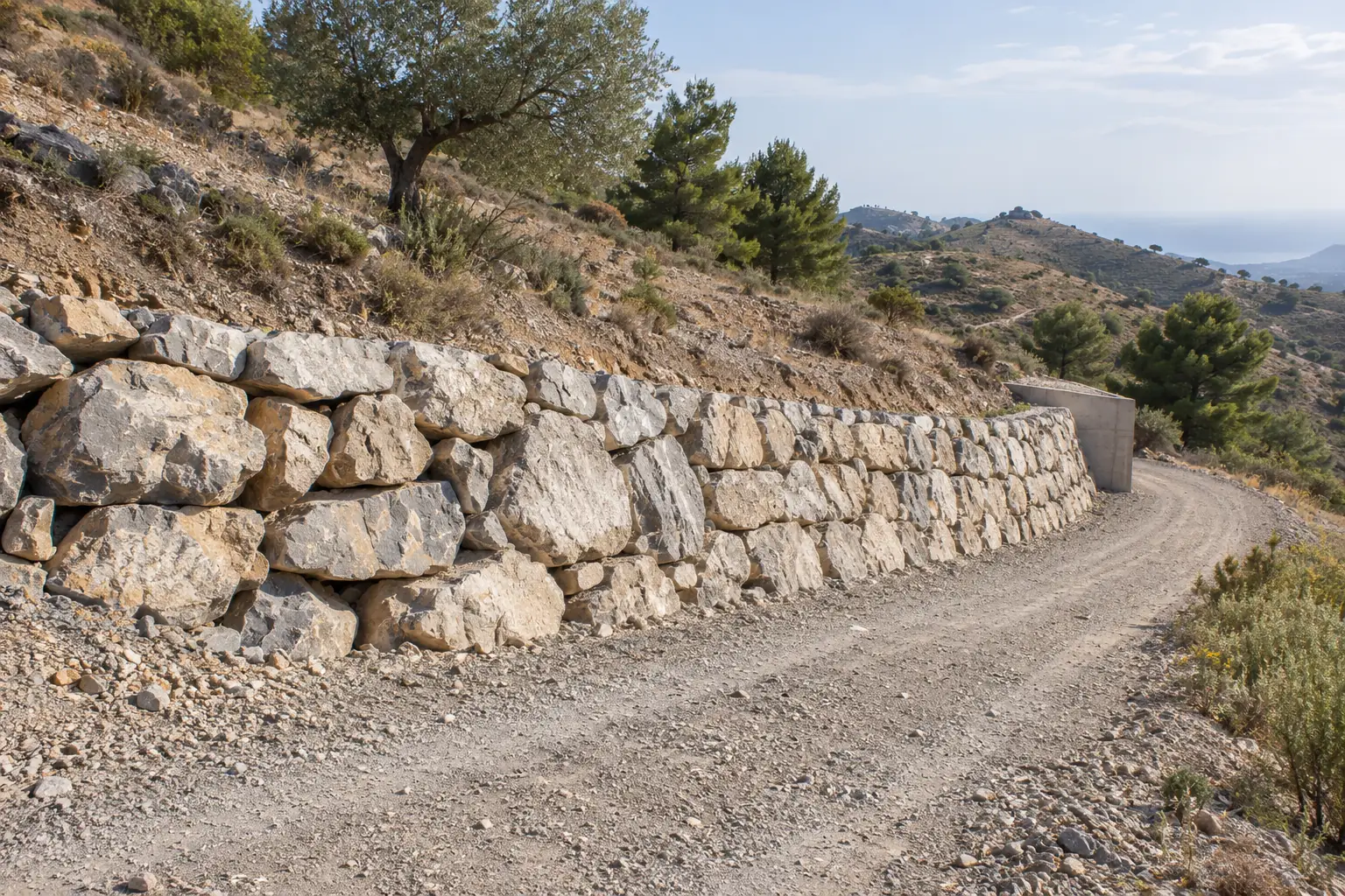 Muro de escollera junto a un acceso en una parcela de ladera mediterránea.