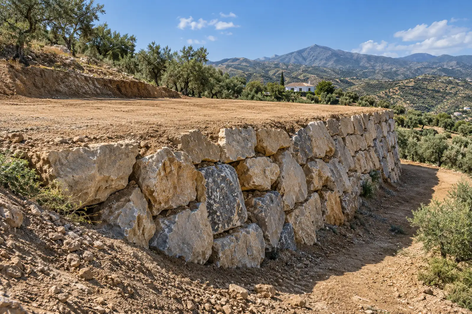 Muro de escollera de piedra caliza sujetando una parcela en ladera en la Axarquía