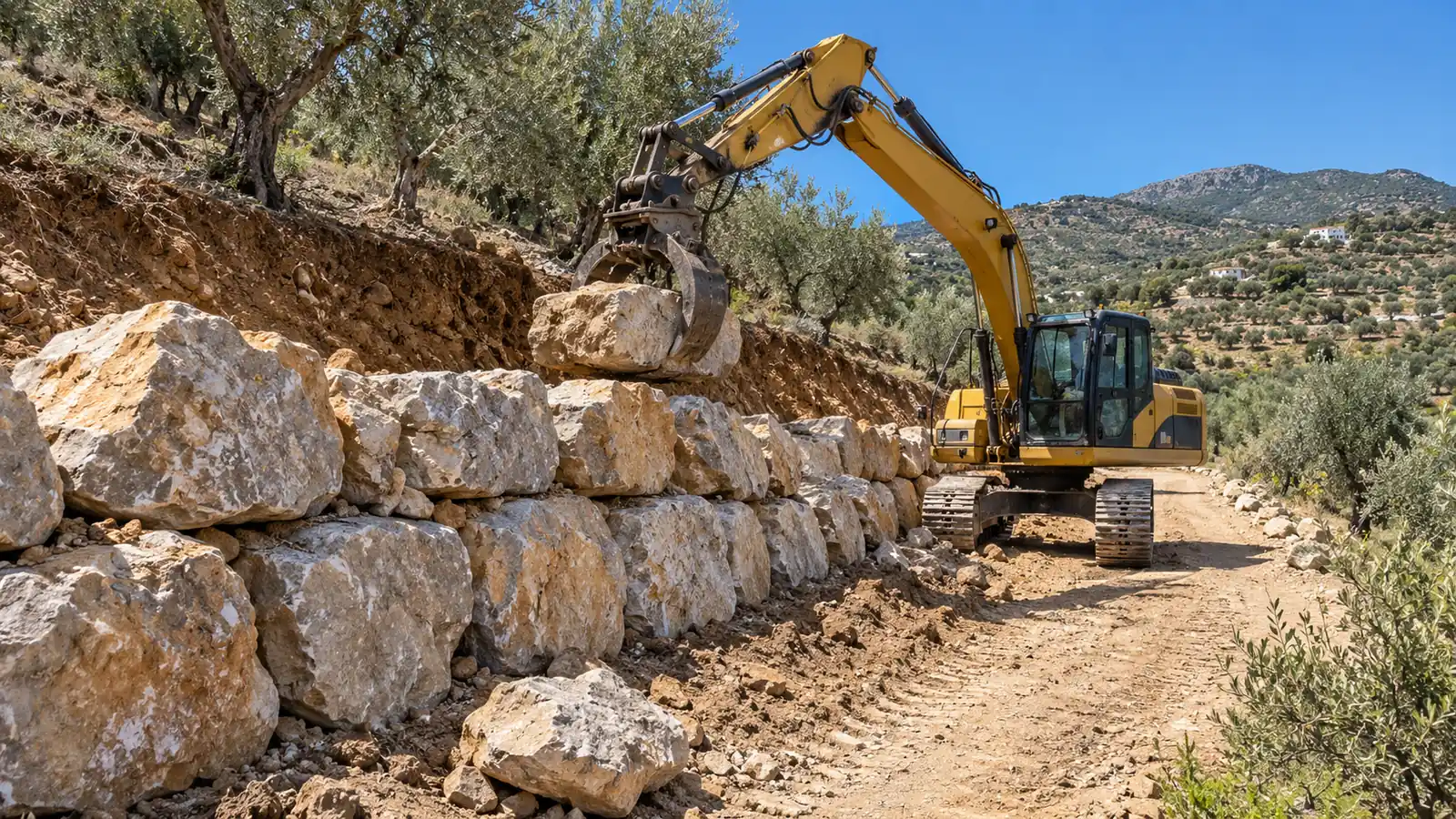 Backhoe placing escollera on a rural track in Periana