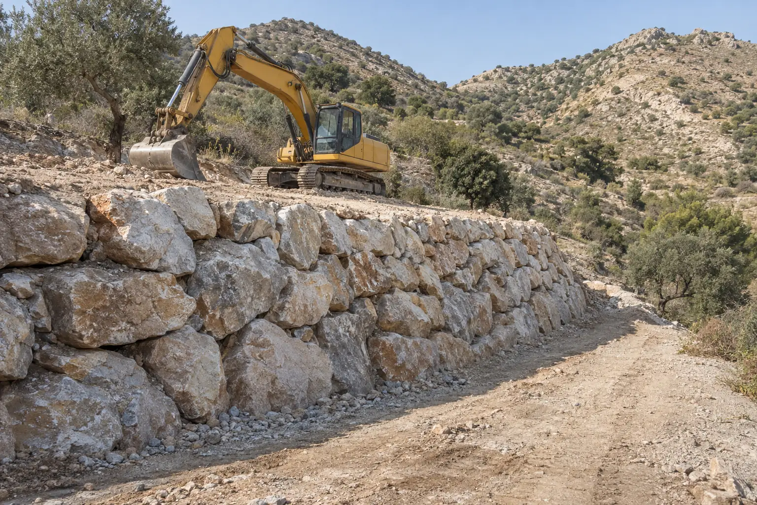 Escollera con excavadora en un paisaje en Torremolinos Excavadora sobre una terraza de tierra contenida por grandes bloques de escollera.