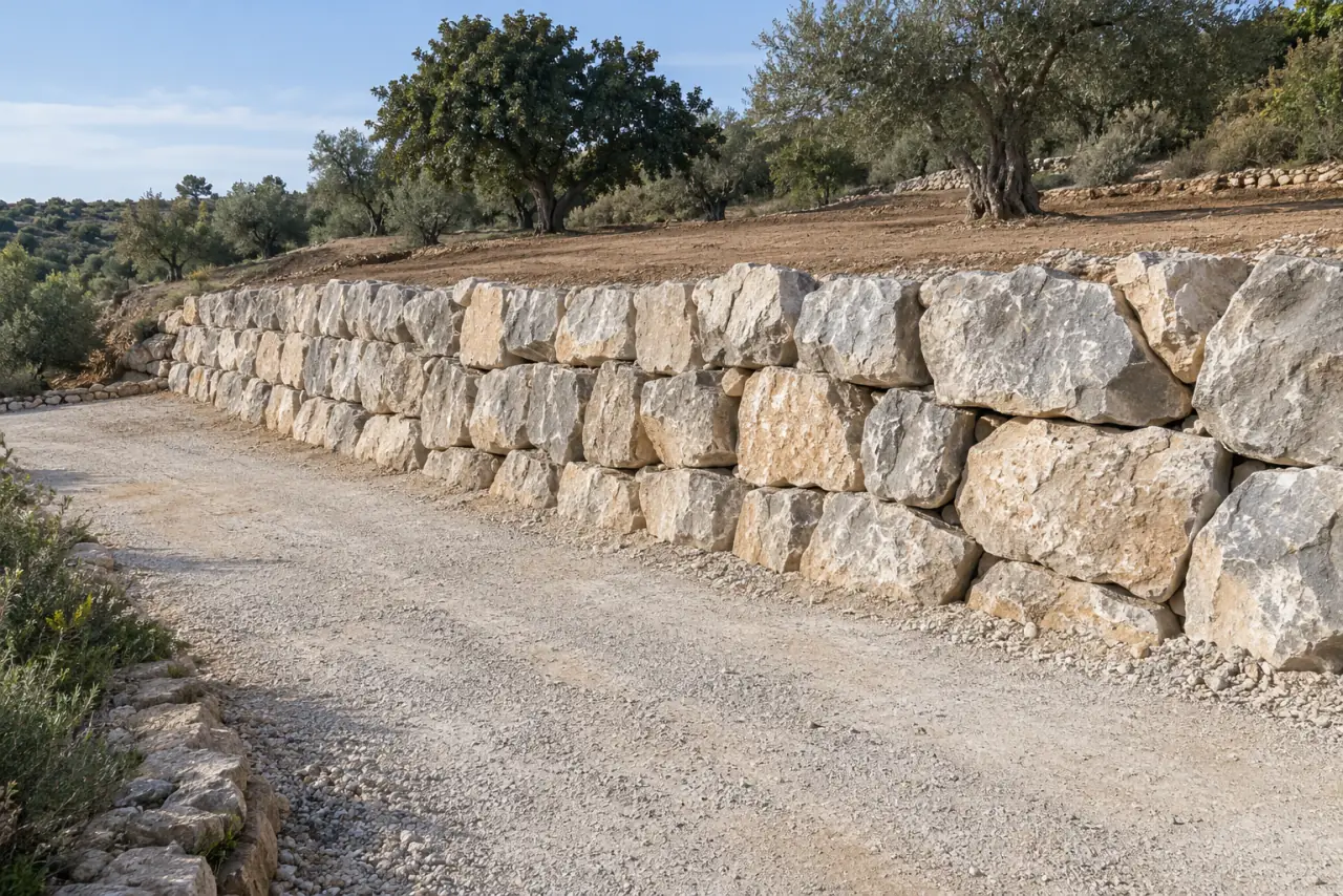 Escollera de contención de parcela en Torremolinos Muro de grandes bloques de piedra que contiene una parcela junto a un camino de grava.