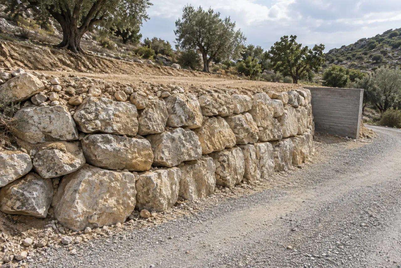 Muro de escollera con encuentro de hormigón en ladera Muro de escollera junto a un camino de grava, con un tramo de hormigón en el extremo.