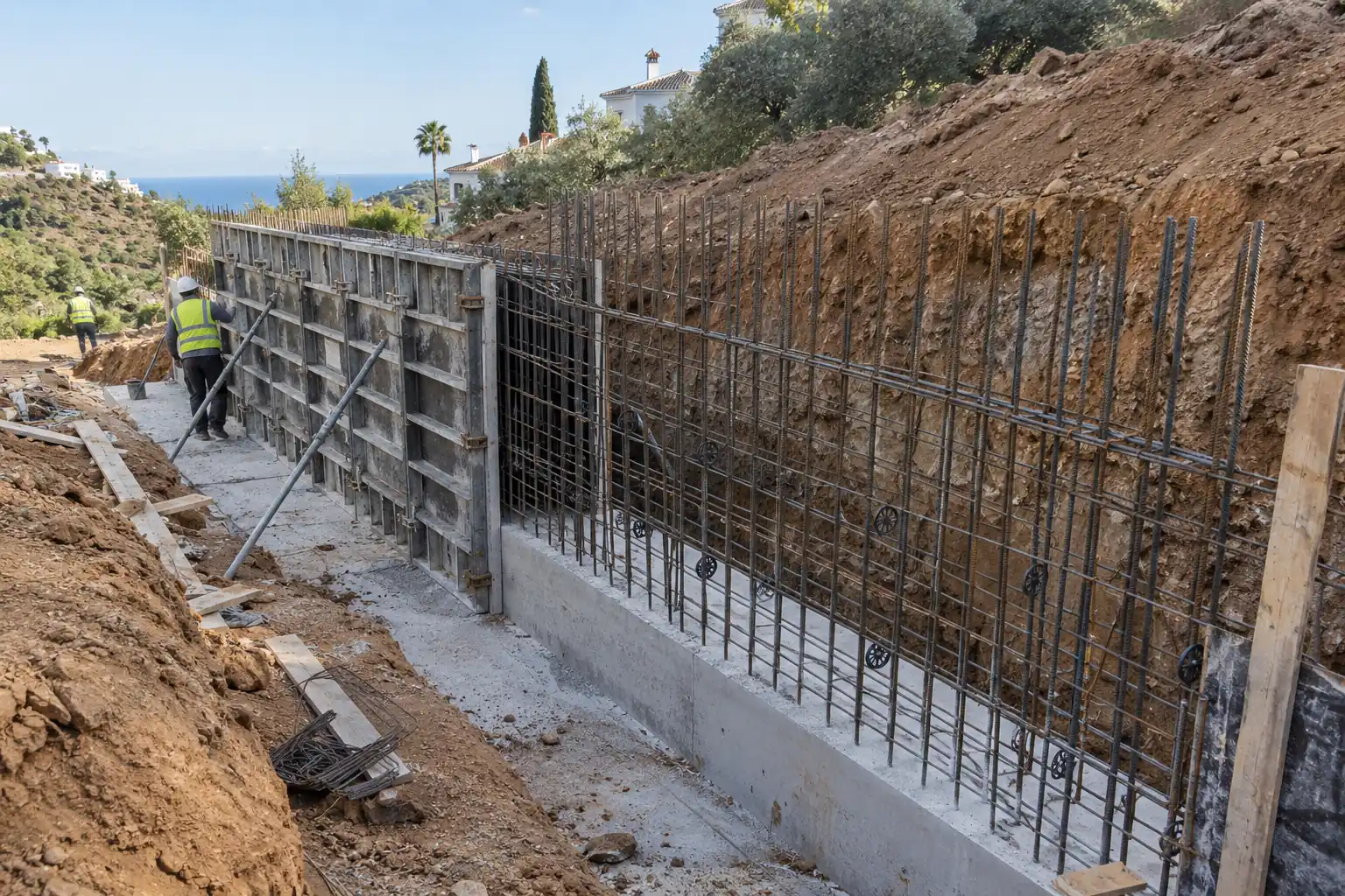 Muros de hormigón armado en construcción: armadura de acero y encofrado