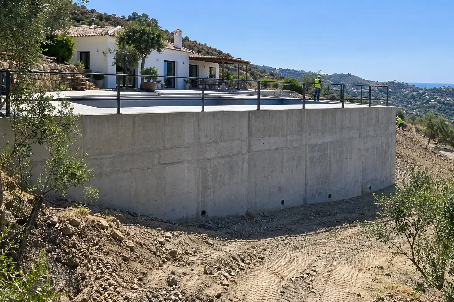 Muro de hormigón armado que crea una terraza llana para piscina en la Axarquía