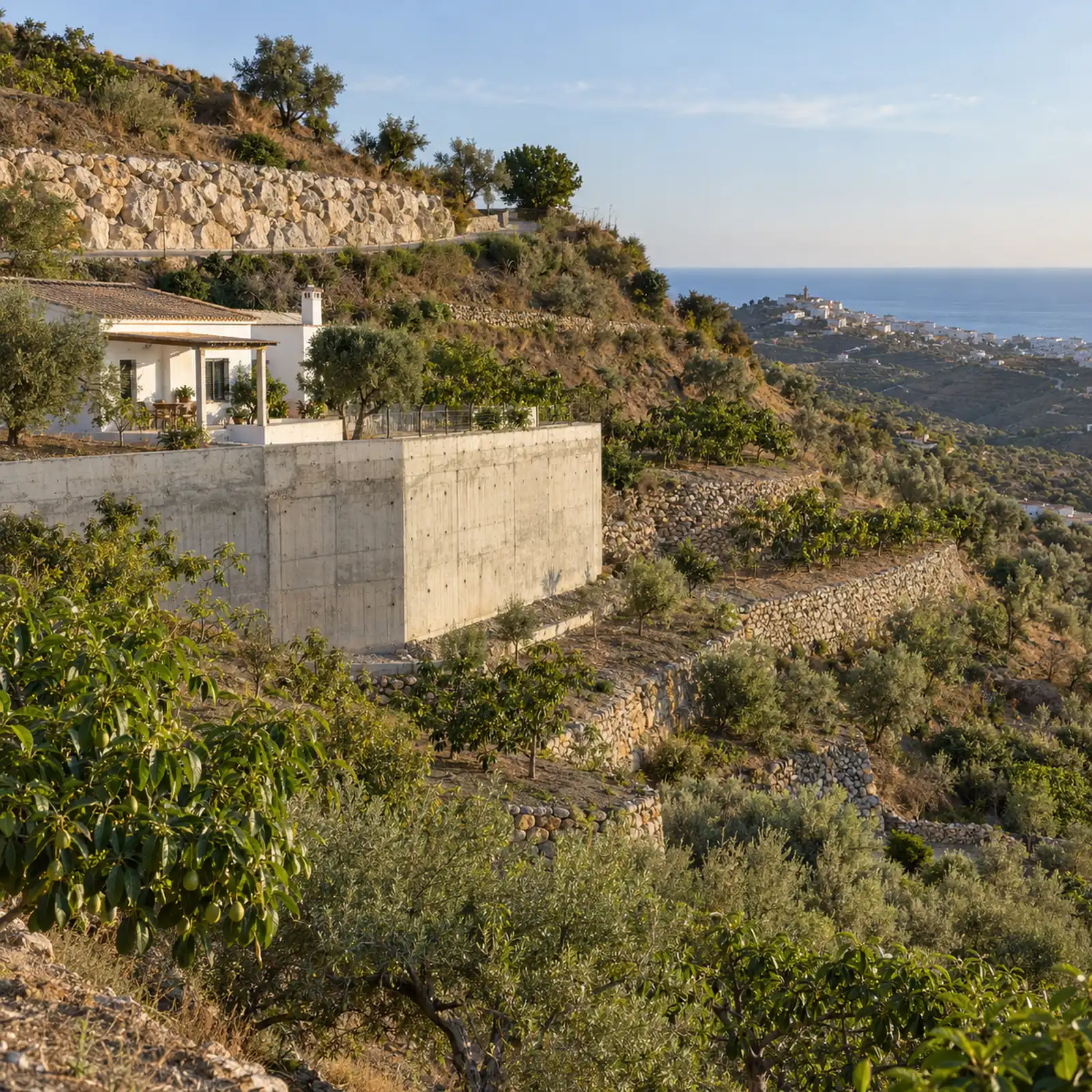 Muros de contención de hormigón y escollera en una ladera de la Axarquía, Málaga