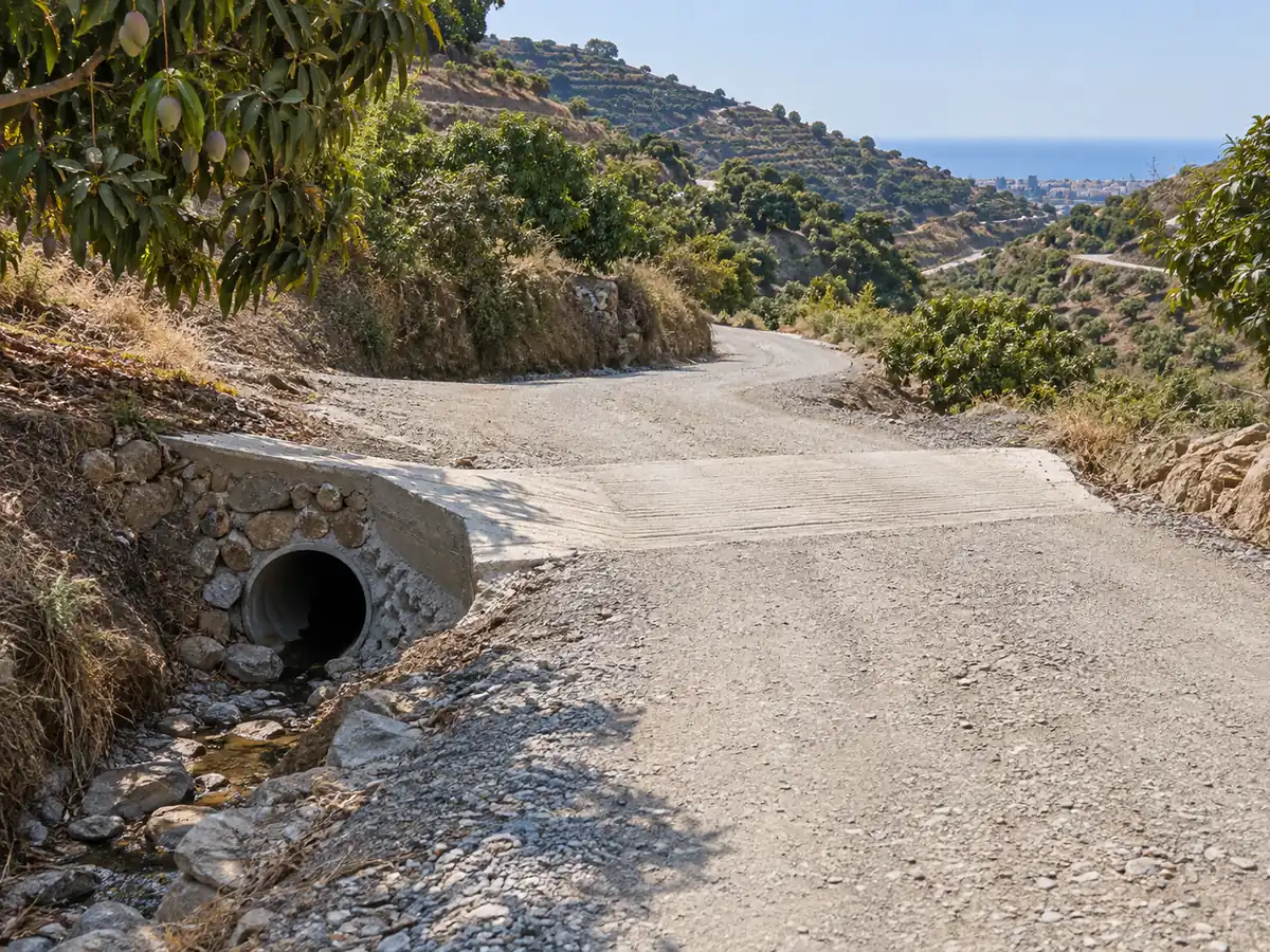 Paso de agua con tubo en un carril rural del valle de Torrox
