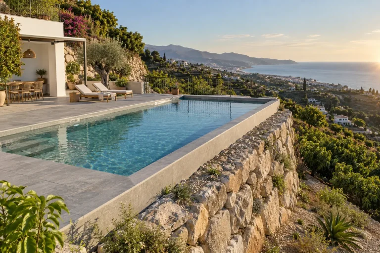 En bancal con muro de escollera: piscina de obra de 8 × 4 m con porcelánico gris · Ref. MP23