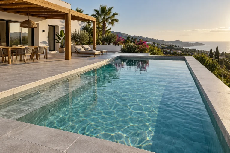 Con banco e hidromasaje: piscina de obra de 8 × 4 m con porcelánico gris claro · Ref. MP13