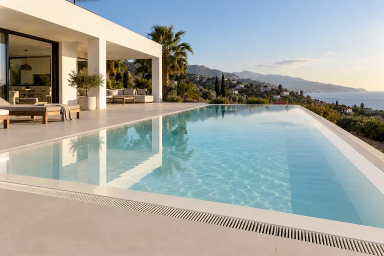 Borde finlandés: piscina de obra de 8 × 4 m con porcelánico blanco · Ref. MP16