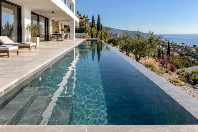 Piscina de nado: piscina de obra de 12 × 2,5 m con porcelánico gris oscuro · Ref. MP08