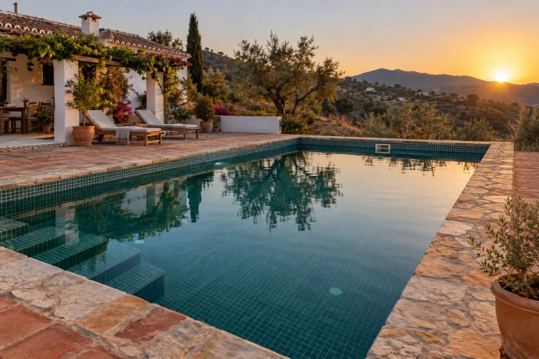 Cortijo rústico: piscina de obra de 8 × 4 m con gresite verde oscuro · Ref. MP25