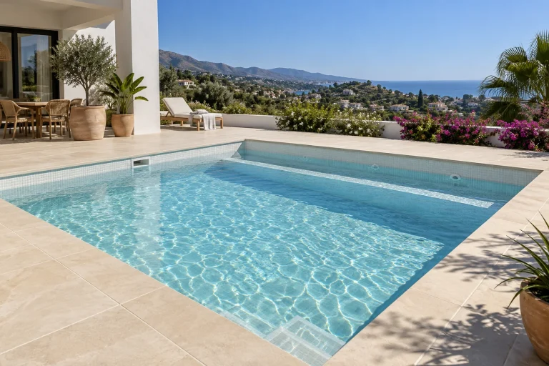 Cuadrada con banco: piscina de obra de 5 × 5 m con gresite blanco · Ref. MP05