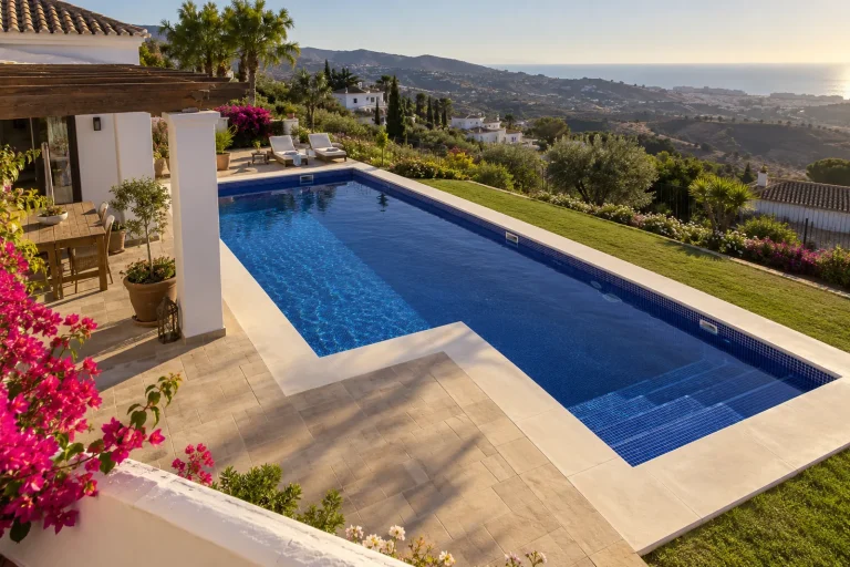Piscina en L: piscina de obra de 9 × 4 m + 3 × 3 m con gresite azul oscuro · Ref. MP09