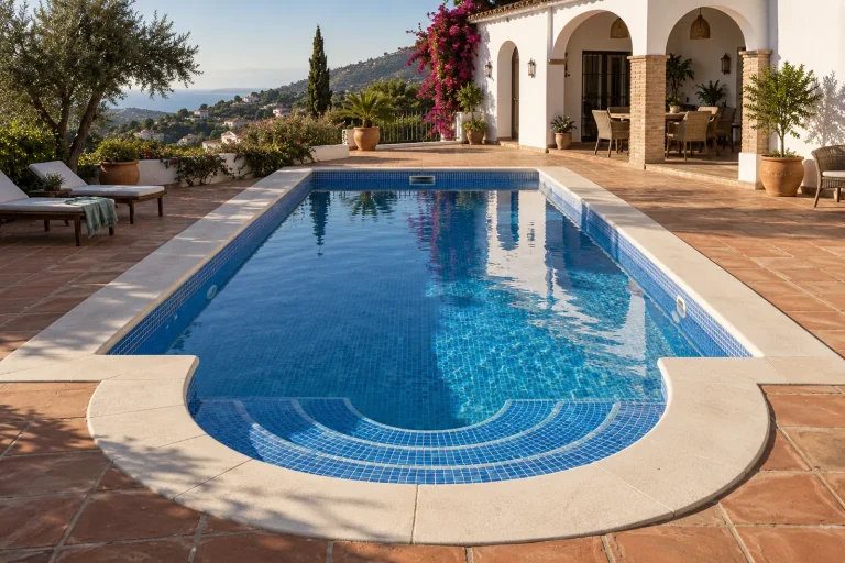 Con escalera romana: piscina de obra de 7 × 3,5 m con gresite azul · Ref. MP11