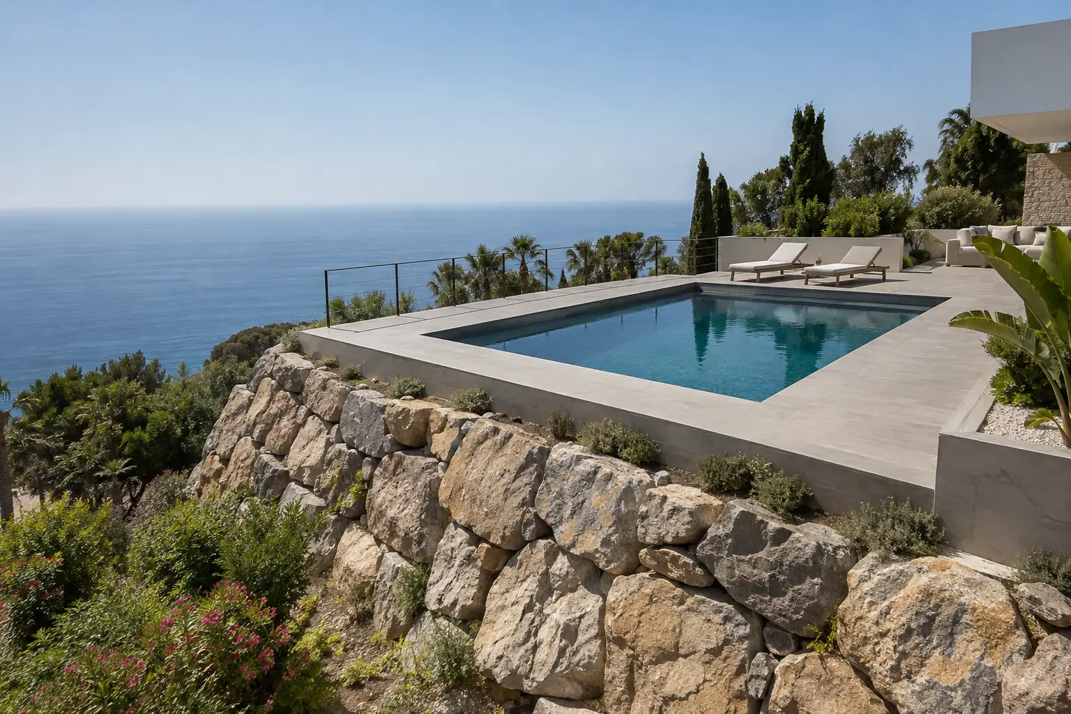 Piscina con muro de escollera — en Benalmádena Piscina rectangular de obra con revestimiento gris sobre una terraza llana sostenida por un muro de escollera de grandes bloques, paisaje mediterráneo.