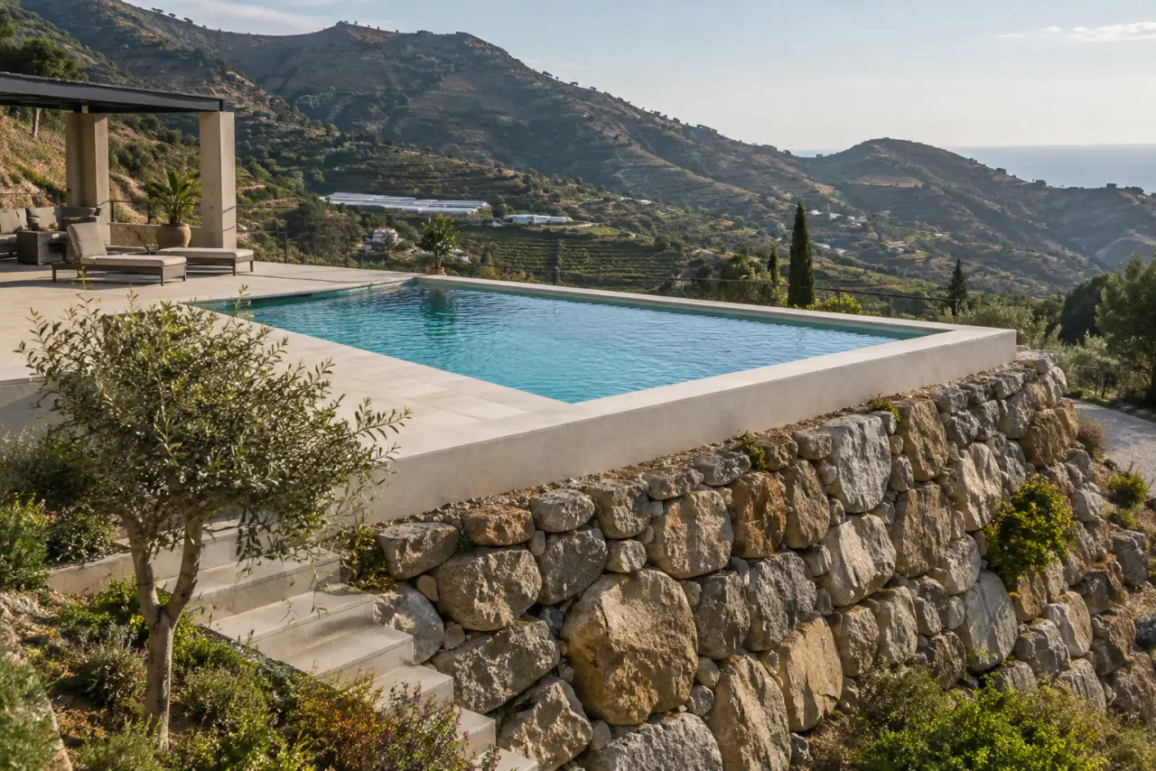 Piscina con muro de escollera — en Almuñécar Piscina de obra rectangular sobre una terraza sostenida por una escollera, coronación clara y colinas agrícolas detrás.
