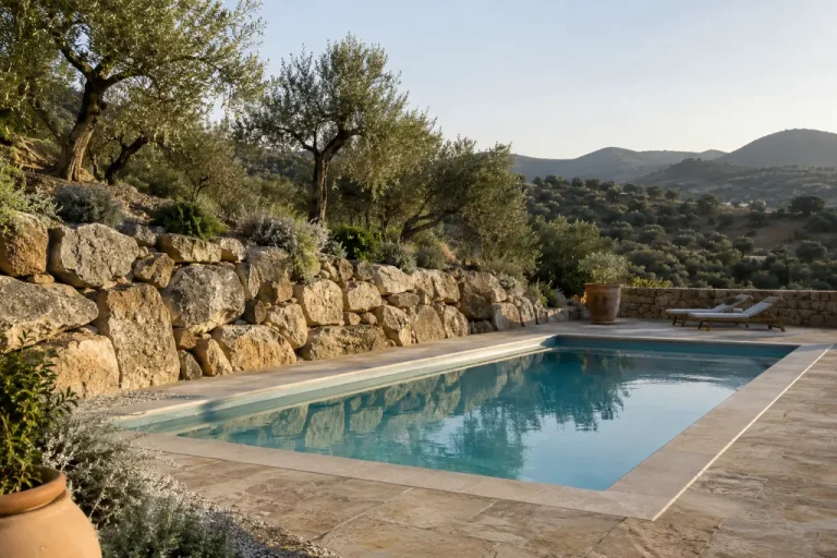Piscina de obra junto a una escollera y olivos en un paisaje de colinas.