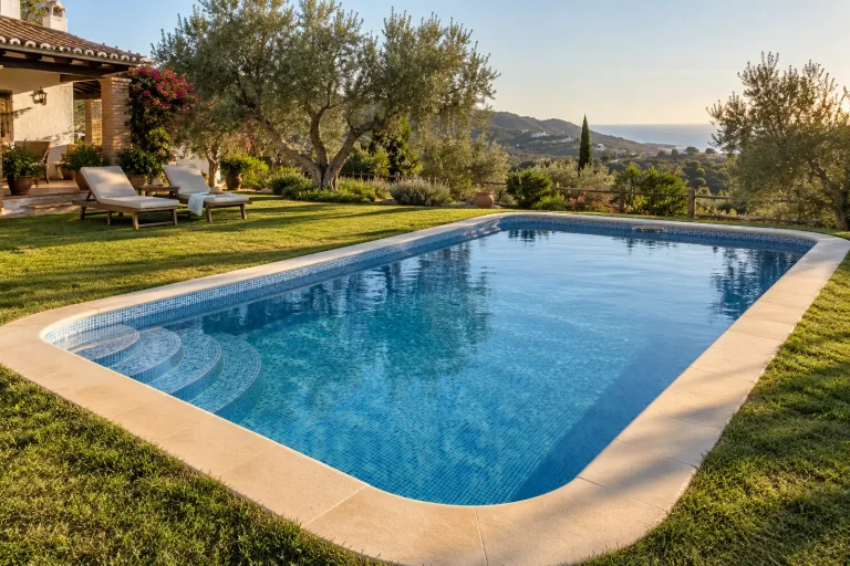 Esquinas redondeadas: piscina de obra de 7 × 3,5 m con gresite mezcla de azules · Ref. MP04