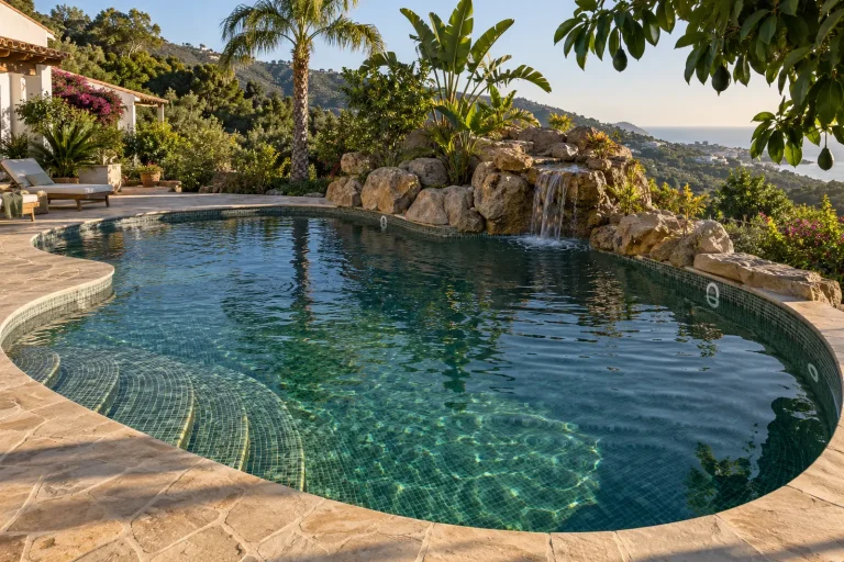 Forma libre con rocas y cascada: piscina de obra de unos 9 × 5 m con gresite verde oscuro · Ref. MP20