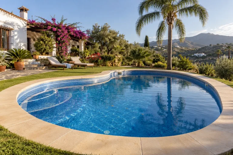 Forma de riñón: piscina de obra de unos 7 × 4 m con gresite azul · Ref. MP18