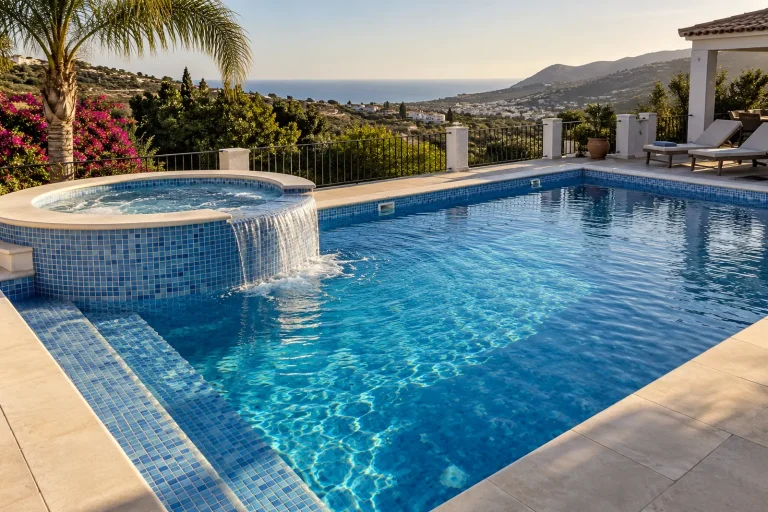 Con jacuzzi que desborda: piscina de obra de 9 × 4 m + jacuzzi con gresite azul mezcla · Ref. MP17