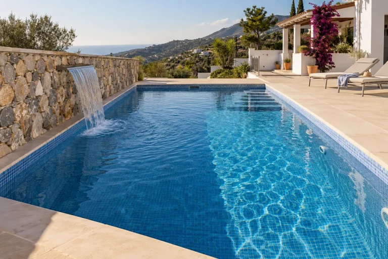 Con muro de mampostería y cascada: piscina de obra de 8 × 4 m con gresite azul · Ref. MP22