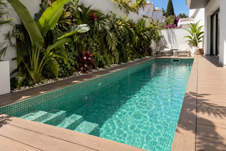Piscina de patio con jardín vertical: piscina de obra de 5 × 2,5 m con gresite verde agua · Ref. MP07