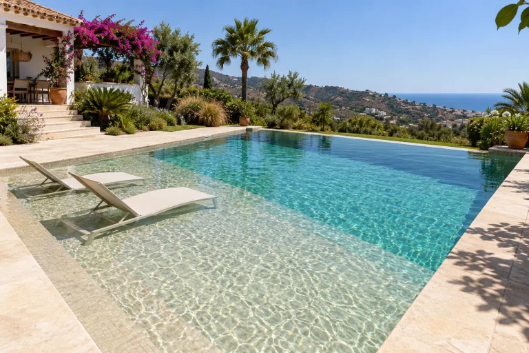 Con playa sumergida: piscina de obra de 9 × 4,5 m con gresite arena · Ref. MP12