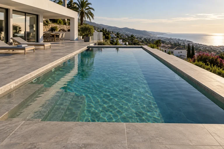 Rectangular grande en porcelánico: piscina de obra de 10 × 5 m con porcelánico gris piedra · Ref. MP02