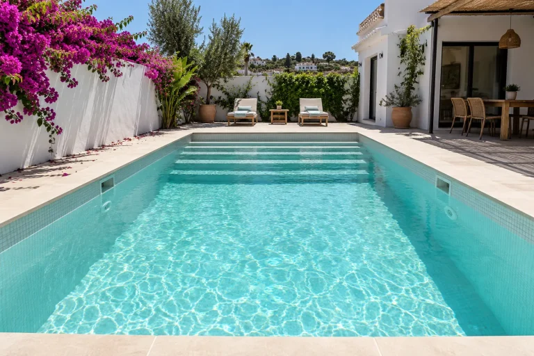 Rectangular turquesa: piscina de obra de 6 × 3 m con gresite blanco · Ref. MP03