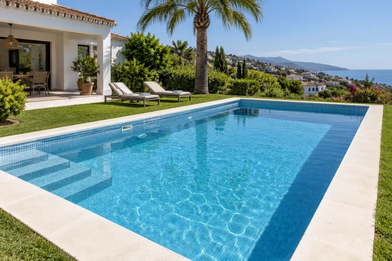 Rectangular clásica: piscina de obra de 8 × 4 m con gresite azul celeste · Ref. MP01