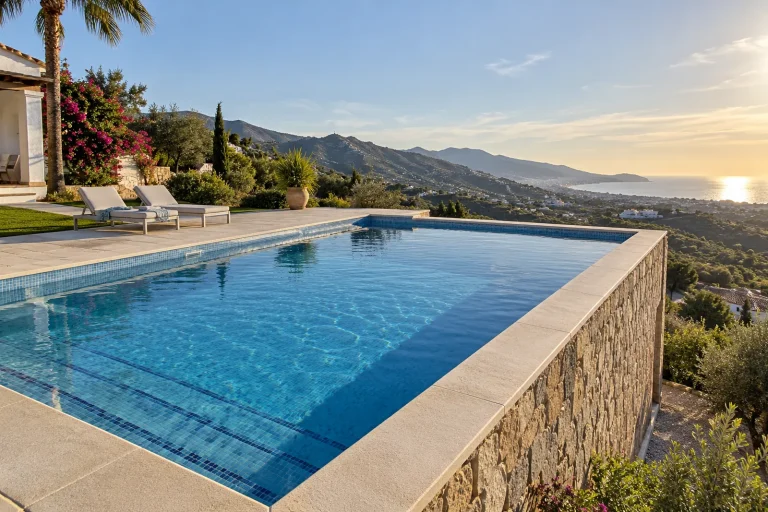 Semienterrada en ladera: piscina de obra de 7 × 3,5 m con gresite azul claro · Ref. MP27