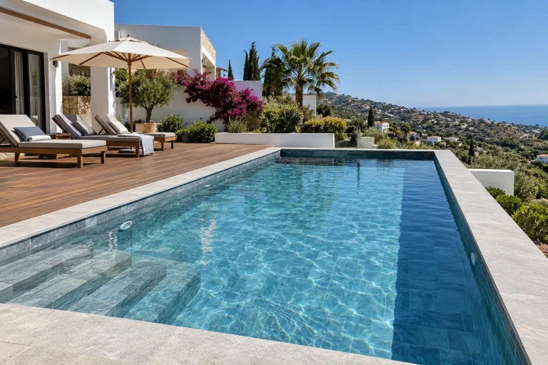 Con solárium de tarima: piscina de obra de 8 × 4 m con porcelánico azul grisáceo · Ref. MP26