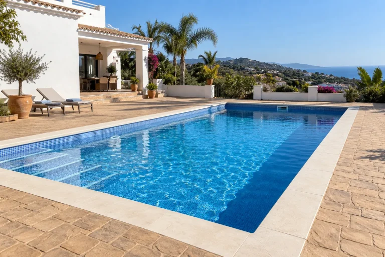 Con terraza de hormigón impreso: piscina de obra de 7 × 3,5 m con gresite azul · Ref. MP24