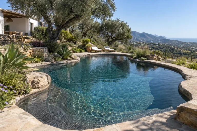 Tipo lago natural: piscina de obra de medida libre con gresite gris oscuro · Ref. MP21