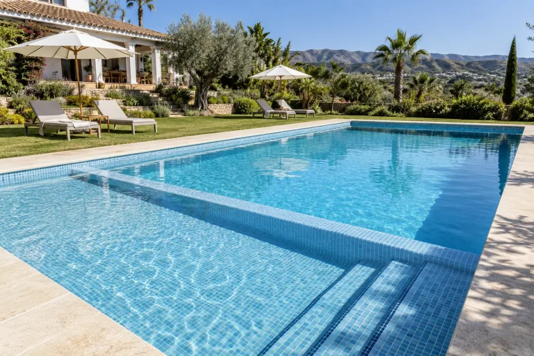 Con zona infantil: piscina de obra de 10 × 5 m con gresite azul claro · Ref. MP10
