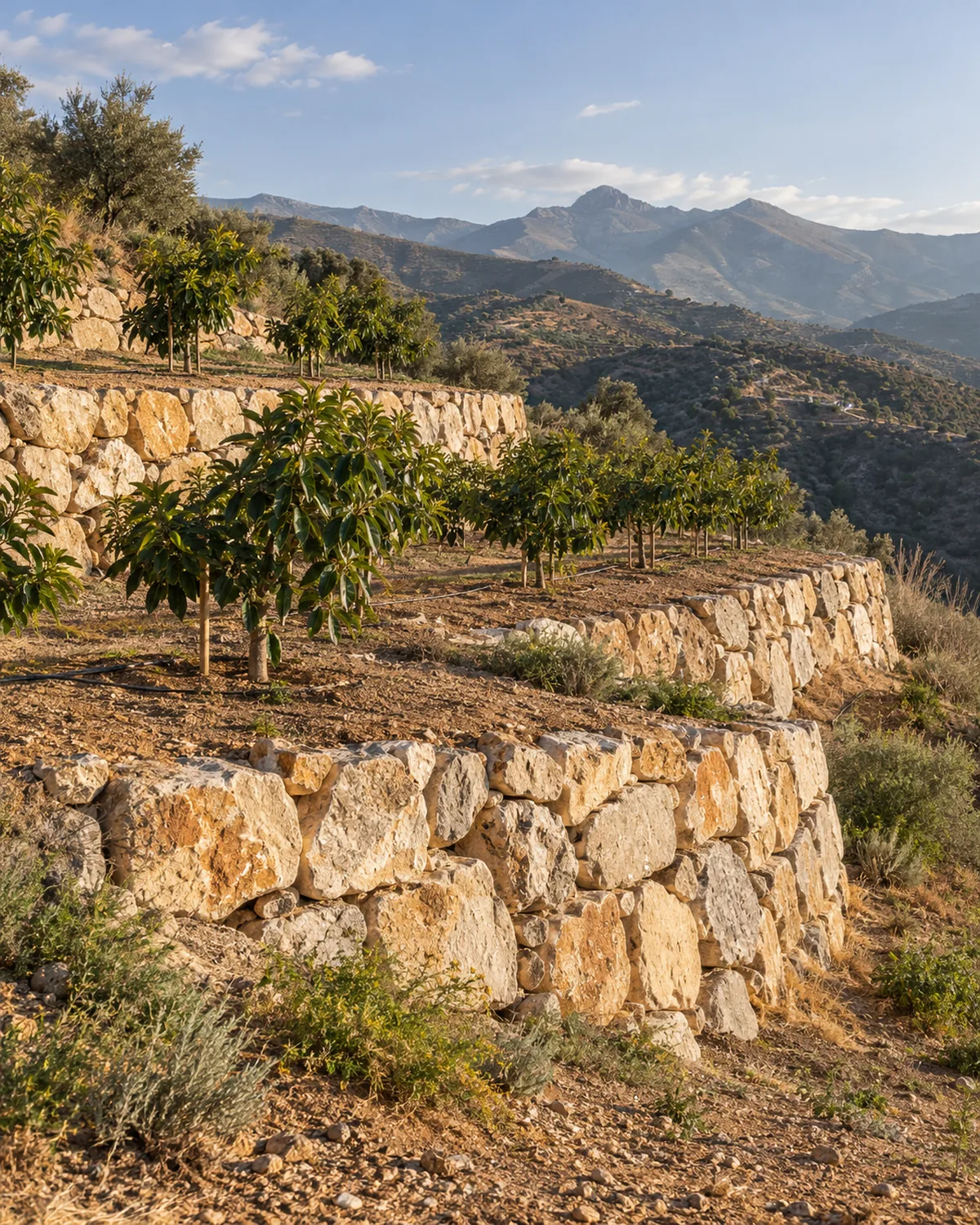 Muros de escollera en bancales en una finca en ladera de la Axarquía