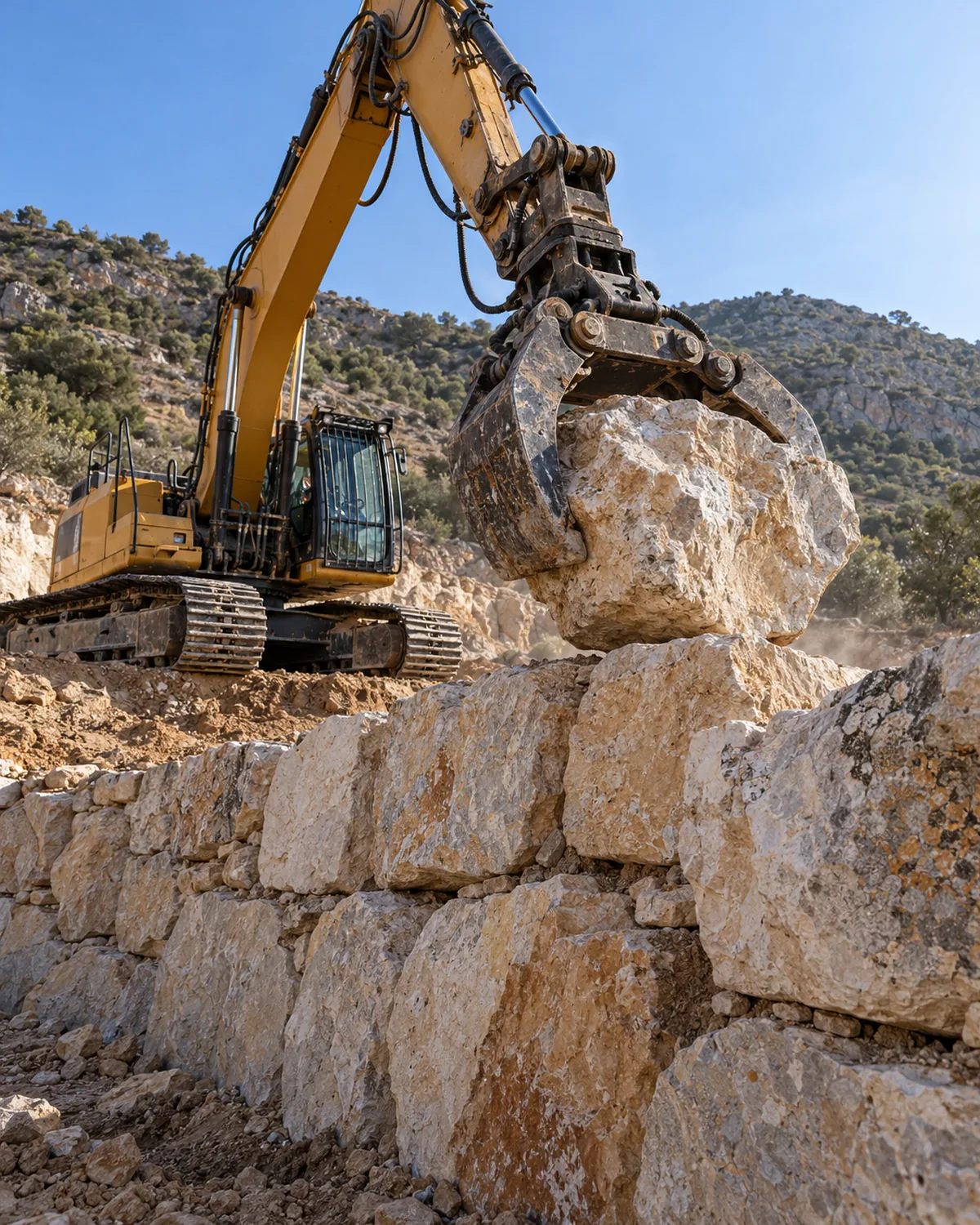 Excavadora colocando un bloque de piedra en un muro de escollera